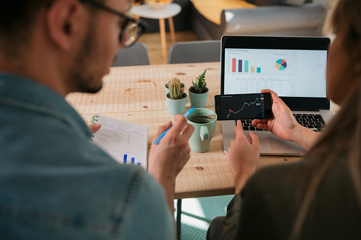 Close up rear view of a diverse couple of roommates, casually working from home using a laptop and a smart phone, observing and analysing cryptocurrency stats and monitoring the stock market online. TradingView