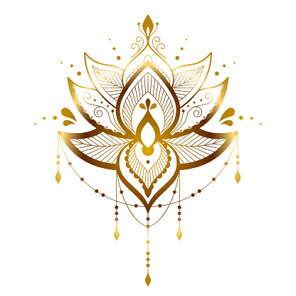 Lotus flower symmetrical illustration. Golden gradient lotus on white background. Indian style. Decorative oriental element for print, design, yoga, t-shirt