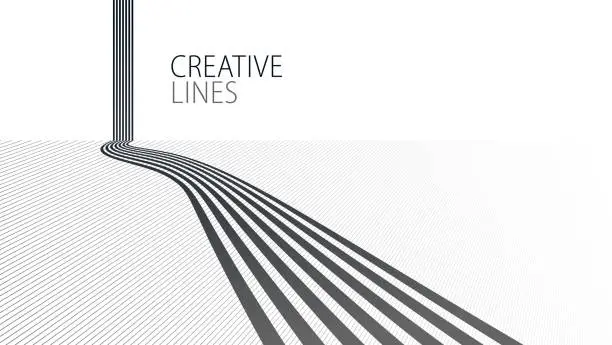 Vector illustration of 3D black and white lines in perspective abstract vector background, linear perspective illustration op art, road to horizon.