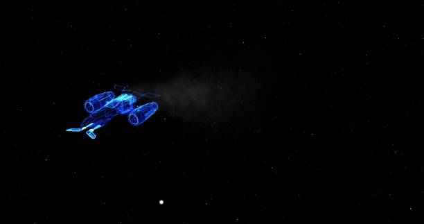 istock spaceship, particle plane 3d render. flies across the starry sky, galaxy. new technologies, futuristic, space. 1387521451