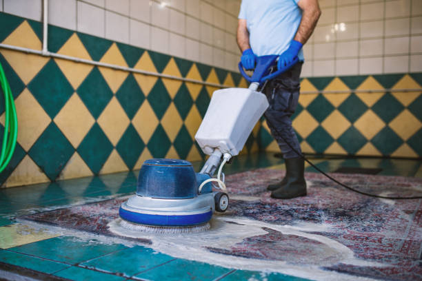 istock Carpet chemical cleaning with professionally disk machine. 1387521807