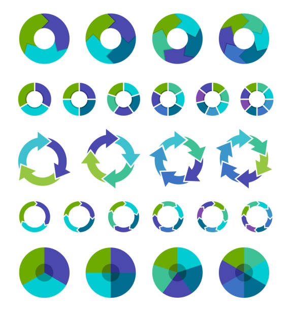 ilustraciones, imágenes clip art, dibujos animados e iconos de stock de colorida colección de gráficos circulares con 3,4,5,6 y 7,8 secciones o pasos - flow chart analytics chart diagram