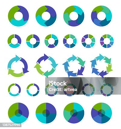 istock Colorful pie chart collection with 3,4,5,6 and 7,8 sections or steps 1387521990