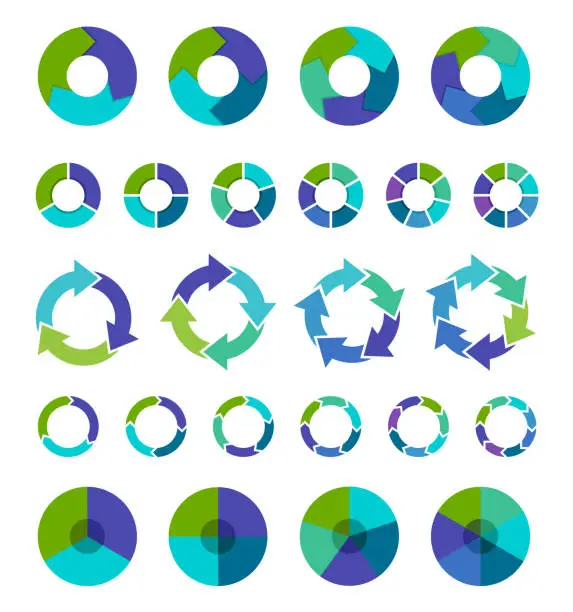 Vector illustration of Colorful pie chart collection with 3,4,5,6 and 7,8 sections or steps