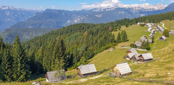 istock Line of shepherd's huts at Pokljuka mountain 1387522048
