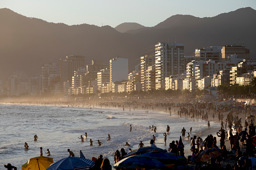 Weekend crowds at Ipanema Beach in Rio de Janeiro.