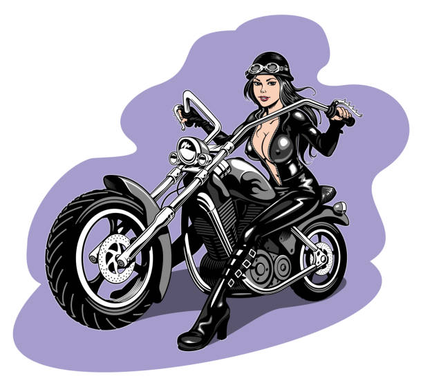 ilustraciones, imágenes clip art, dibujos animados e iconos de stock de mujer motera con traje de látex conduciendo motocicleta. ilustración vectorial. - motorcycle women helmet sensuality