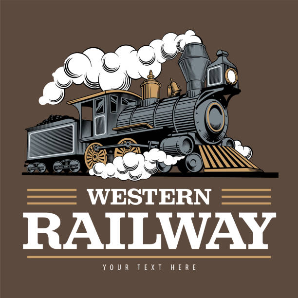 Vintage steam train locomotive, engraving style vector illustration. emblem design template.