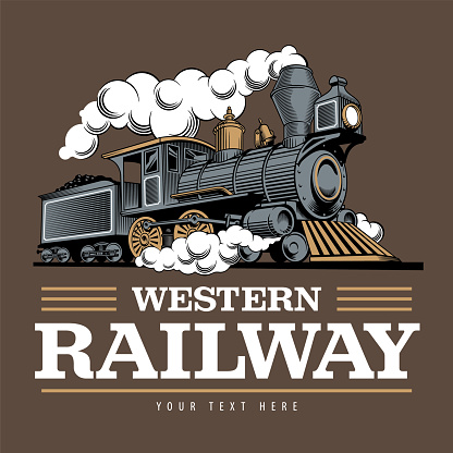 Vintage steam train locomotive, engraving style vector illustration. emblem design template.