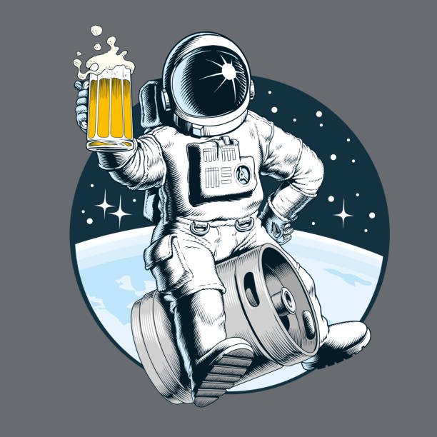 Astronaut sits on a beer keg and holds a beer mug. Vector illustration. Astronaut sits on a beer keg and holds a beer mug. Comic style vector illustration. space suit stock illustrations