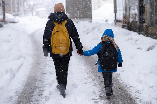 Brother and sister going to school on winter day