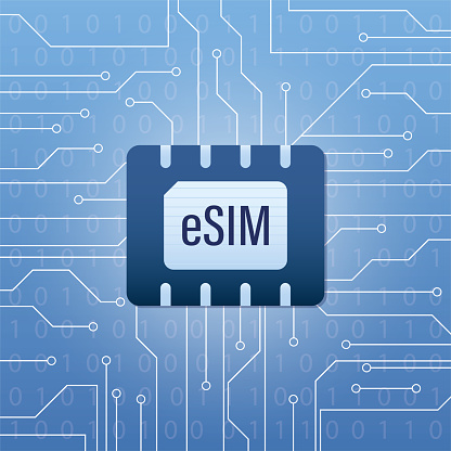 ESIM, concept banner. Embedded sim card on blue gradient background. Microcircuit with sim card chip. Part of cellphone. Trendy flat vector illustration