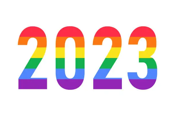 Vector illustration of 2023 year logo in rainbow LGBTQ flag colors isolated on white. Vector symbol of LGBTQ gay pride month, history month