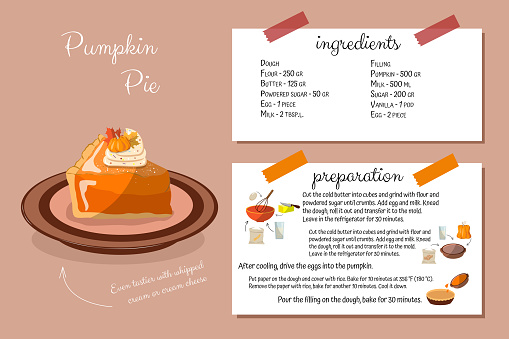 Pumpkin pie recipe. Step-by-step cooking with ingredients, home cookbook. Cooking is simple. Thanksgiving Day card.