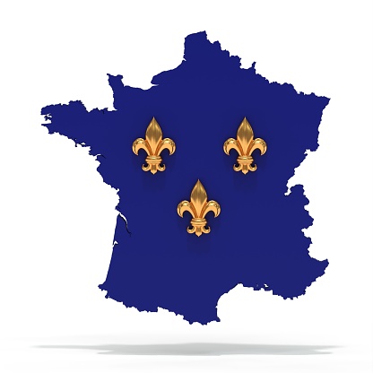 Blue france map with 3 gold fleur de lys - Old French flag - 3D Rendering