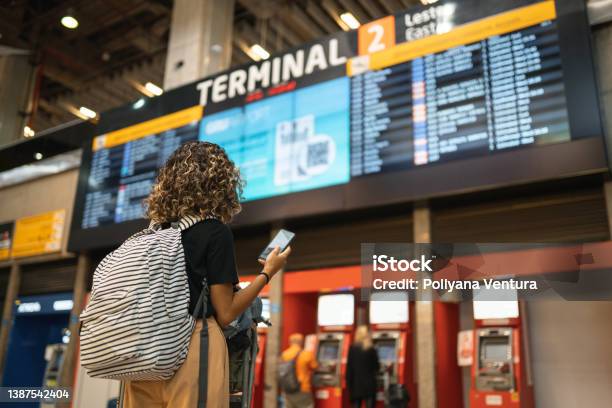 Tourist Looking At Arrivals And Departures Table Stock Photo - Download Image Now - Airport, Arrival Departure Board, Brazil