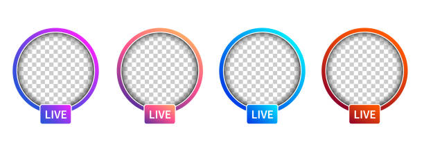 소셜 미디어 아바타 프레임 세트. 사진용 다채로운 그라데이션 프레임. 라이브, 해시태그, 위치, 새 아이콘 추가. 소셜 미디어를 위한 웹 요소 - live event stock illustrations