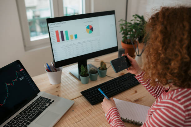 istock Rear view of a young Caucasian female freelancer working at home using a computer 1387553482