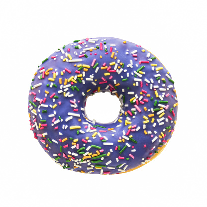 Donut in purple glaze with white sprinkles isolated over white background with clipping path. Top view