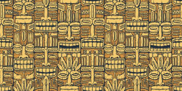 Surfing tiki mask of hawaii or idol. Ethnic totem Surfing tiki mask hawaii wooden tiki mask for trendy bar. Traditional ethnic idol and hawaiian surf, maori or polynesian. Design old tribal totem. Seamless pattern totem pole face stock illustrations