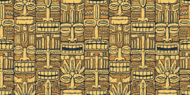 Surfing tiki mask of hawaii or idol. Ethnic totem Surfing tiki mask hawaii wooden tiki mask for trendy bar. Traditional ethnic idol and hawaiian surf, maori or polynesian. Design old tribal totem. Seamless pattern tiki stock illustrations