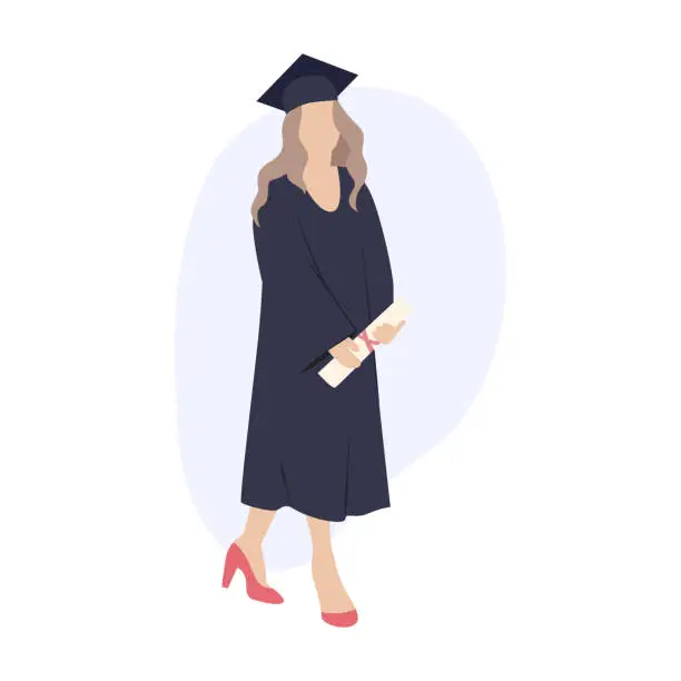 Vector illustration of Young girl student with a diploma. Graduate in academic robe and academic cap. minimalist silhouette. Vector