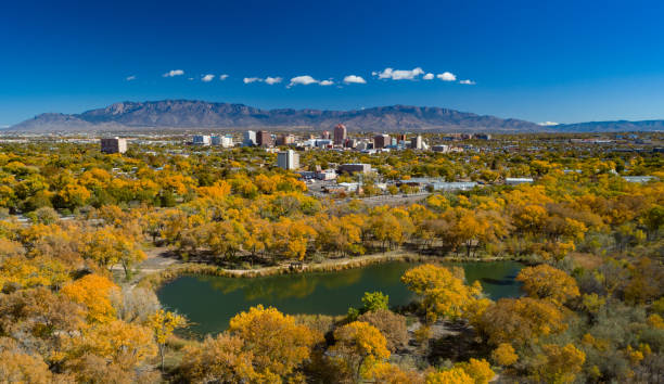 Albuquerque Skyline During Autumn With Trees And Lake stock photo