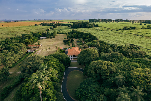 Aerial view of entrance to farmhouse in Brazil