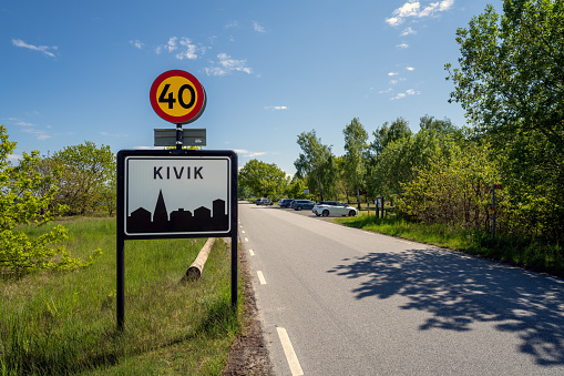 Kivik, Sweden - May 29, 2021: Road sign when entering the small town of Kivik, Sweden