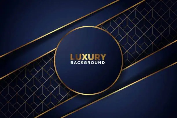 Vector illustration of luxurious dark navy gold line overlap with circle and rectagle mesh pattern combination background. elegant modern futuristic technology background vector illustration