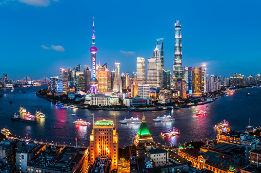 Aerial view of city skyline and modern buildings in Shanghai