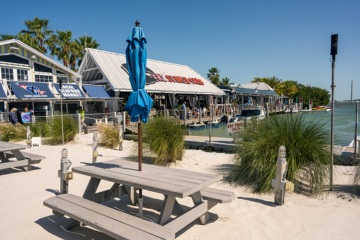 Key West, USA - March 13， 2022:Traditional buildings of Key West USA boardwalk Cafe & Restaurant。