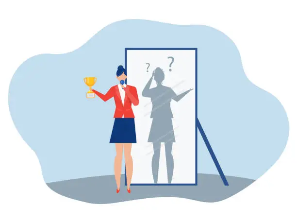 Vector illustration of imposter syndrome, presenter woman with shadow himself for Anxiety and lack of self confidence at work vector