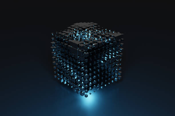 abstract image of metallic cubes on black background illuminated with blue lights - 3D rendering