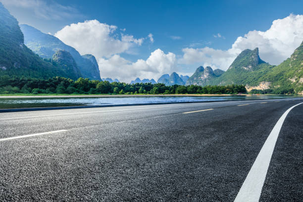 Asphalt road and mountain natural landscape in Guilin stock photo