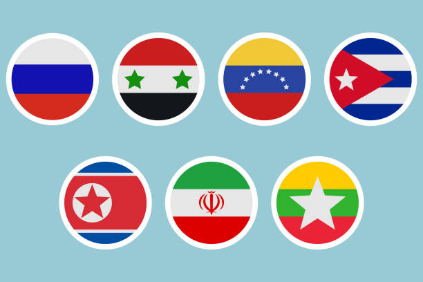 Flags of different countries. A set of stickers on a white backing. Collection of vector icons. Isolated background. Russia, Syria, Venezuela, Cuba, North Korea, Iran, Myanmar. National symbol of the state. Flags of different countries. A set of stickers on a white backing. Collection of vector icons. Isolated background. Russia, Syria, Venezuela, Cuba, North Korea, Iran, Myanmar. National symbol of the state. Political themes. Flat style. Idea for web design, sticker. btcbit supported countries stock illustrations