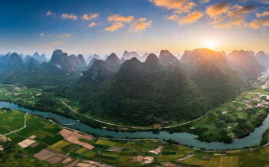 Aerial view of beautiful mountain and water natural landscape in Guilin at sunset