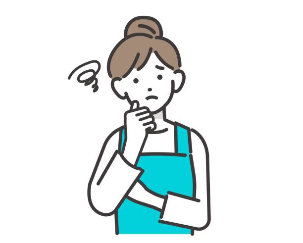 illustrations, cliparts, dessins animés et icônes de matériel d’illustration vectorielle / tâches ménagères / ensemble d’une femme au foyer (institutrice maternelle, agent d’entretien ménager) avec un tablier qui prend diverses expressions faciales et poses - agent dentretien