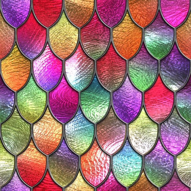 istock Stained glass seamless texture with geometric pattern for window, colored glass, fish scales pattern, 3d illustration 1387587053