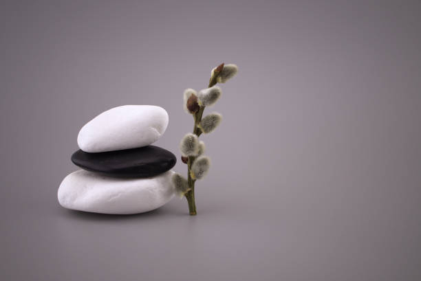 istock Stack of black and white stones and catkin twig 1387588116