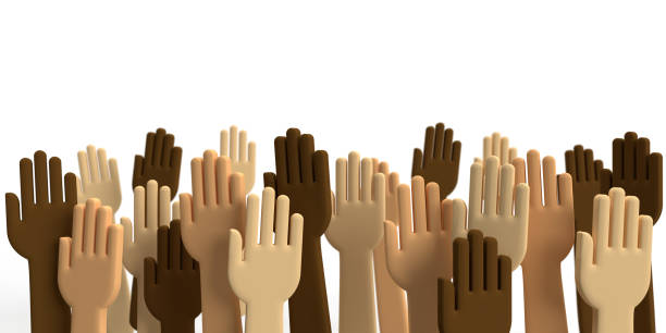 istock Diverse sets of hands reaching up on white background 1387591099