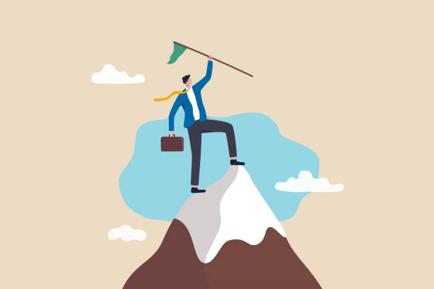 ilustrações de stock, clip art, desenhos animados e ícones de business pioneer, conqueror be the first to explore success opportunity, achievement or new market segment, exploration concept, confidence businessman holding winner flag on top of mountain peak. - conquerer