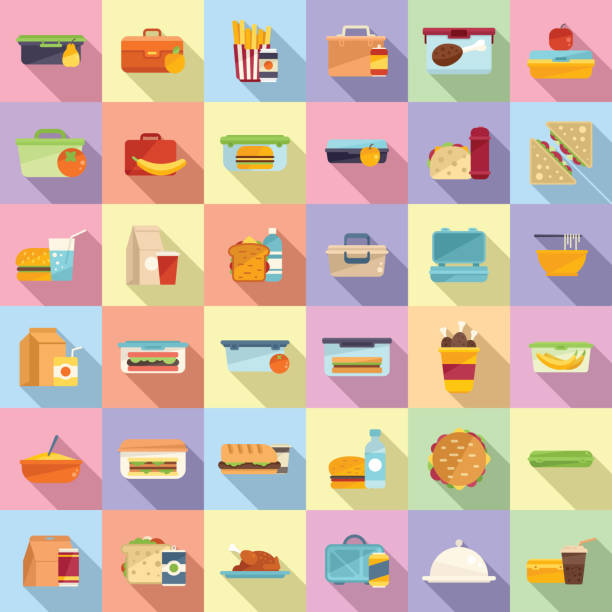 ilustrações de stock, clip art, desenhos animados e ícones de lunch icons set flat vector. food tray - tray lunch education food