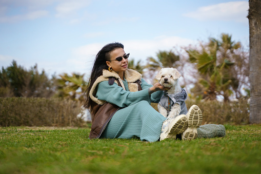 Young woman sitting on the grass playing with her terrier puppy at a public park