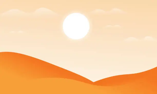 Vector illustration of Bright sunrise over the desert sand dunes.