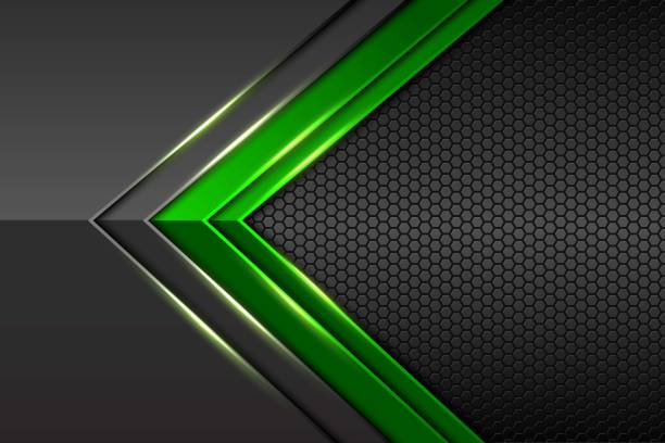 abstrakcyjna zielona strzałka gradientu na czarnym z sześciokątną siatką i niebieskim cieniem nowoczesny luksusowy futurystyczny obraz wektorowy tła. - hexagon backgrounds mesh green stock illustrations