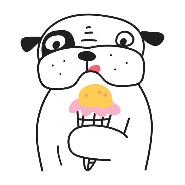Bulldog with ice cream. Outline icon vector illustration. licking ice cream cone stock illustrations