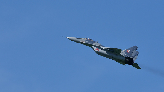 Zeltweg Austria SEPTEMBER, 3, 2016 Mikoyan MiG29 Fulcrum of Polish Air Force. Copy space for News Title
