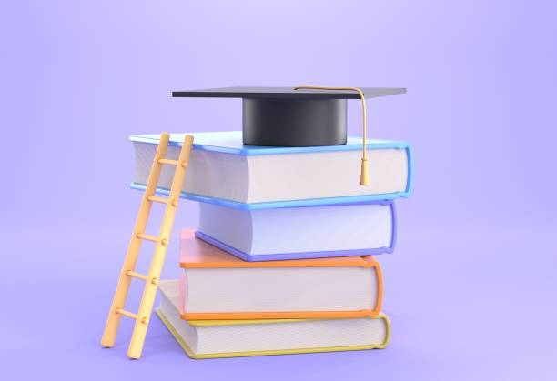 istock Stack books with ladder and black square academic cap on top isolated on purple background, 3d render. Graduation in school, college or university, achievement in education, concept of growth, success 1387599679