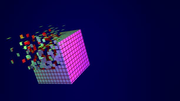 3d cube abstract background. Technology futuristic geometric block disintegrating into particles on blue background. High quality 3d illustration